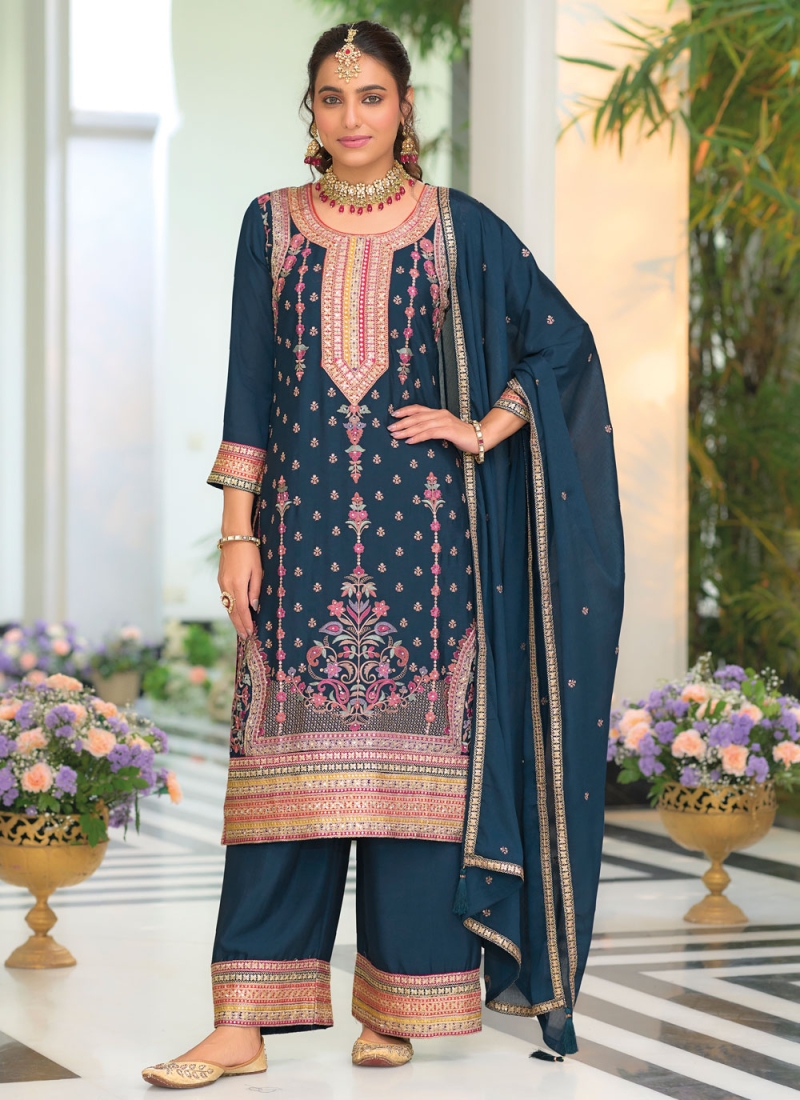 Dashing Embroidered Chinon Morpeach  Readymade Salwar Kameez