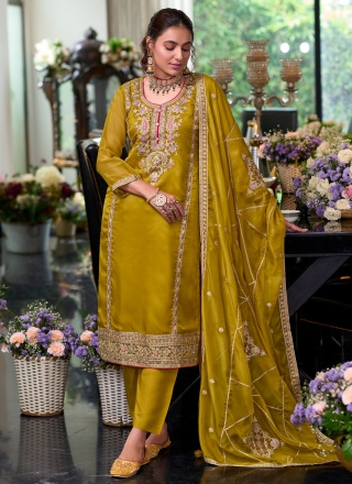 Dashing Organza Green and Mustard Trendy Salwar Kameez