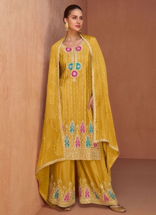 Demure Mustard Chinon Trendy Salwar Kameez