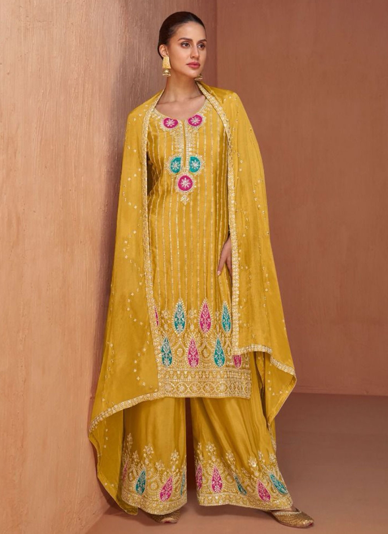 Demure Mustard Chinon Trendy Salwar Kameez