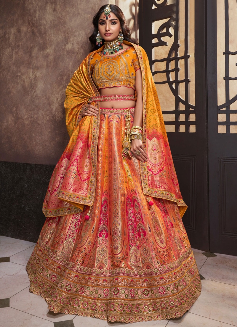 Demure Mustard Embroidered Banarasi Silk A Line Lehenga Choli