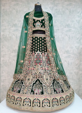 Designer Lehenga Choli Embroidered Velvet in Green