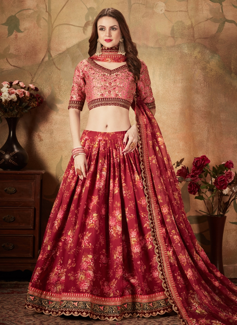 Maroon and Gold Embroidered Lehenga Choli (Long Top) – Solid Boutique Canada