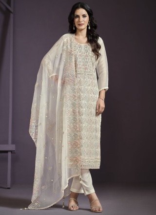 Designer Salwar Kameez Embroidered Chiffon in Off White