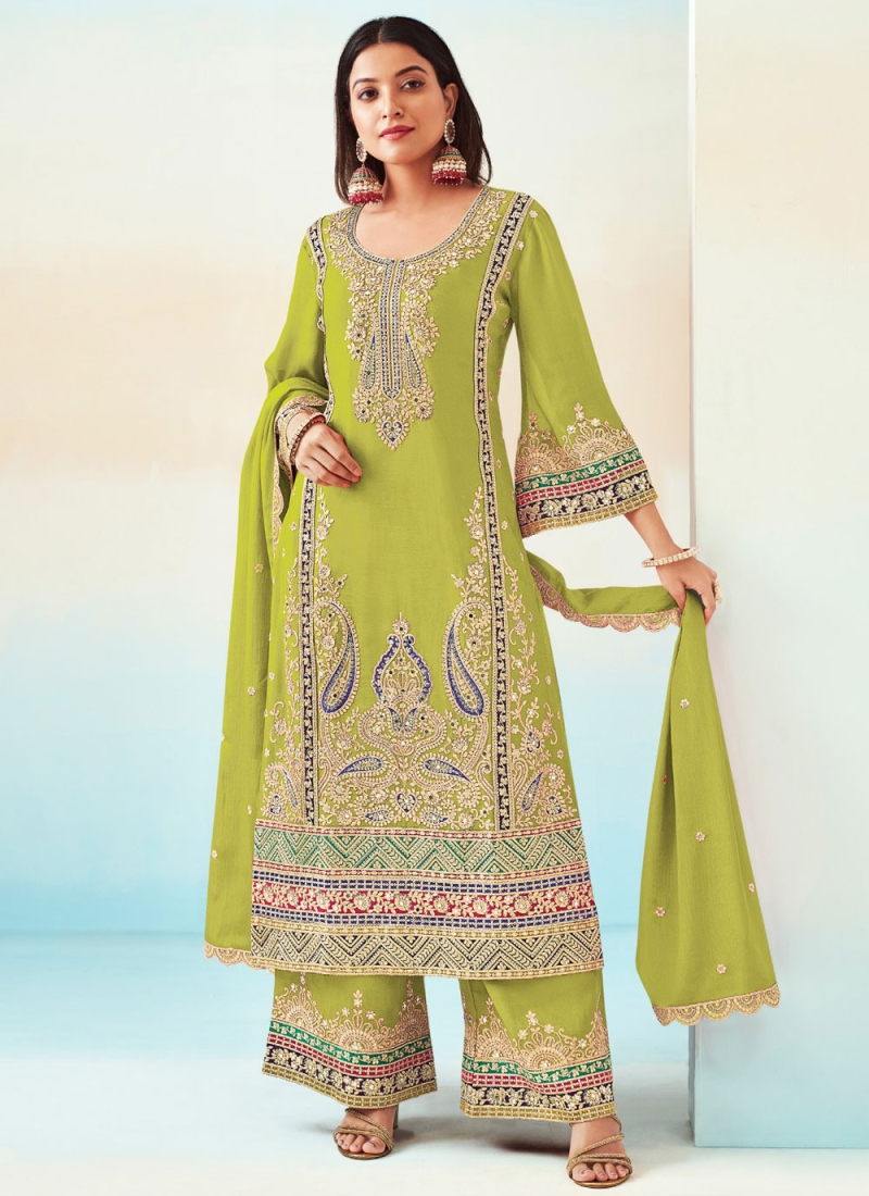 Designer Salwar Kameez Mirror Chinon in Green