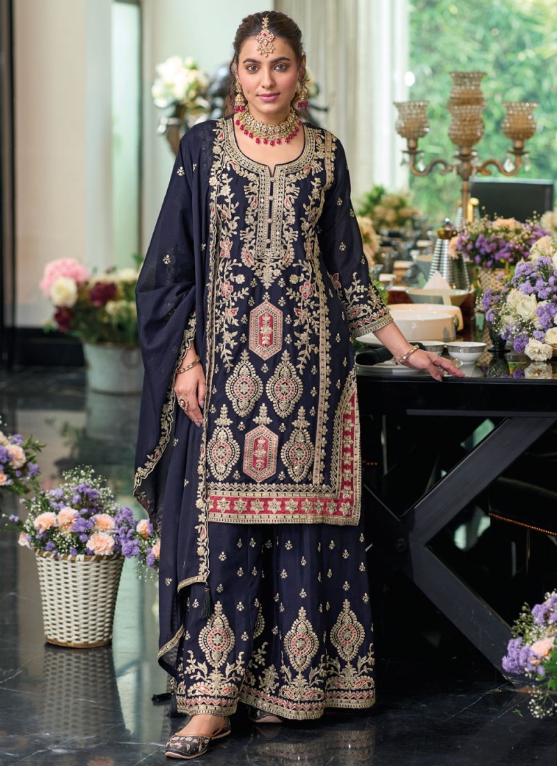 Designer Salwar Kameez Zari Chinon in Navy Blue