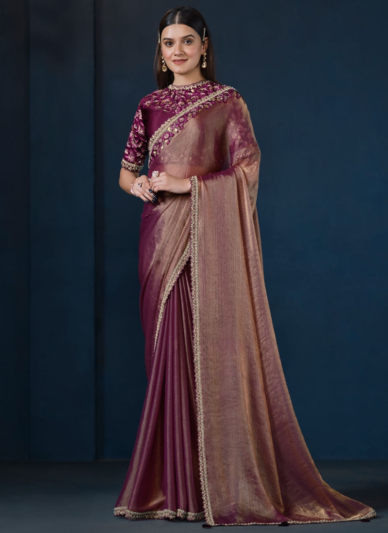 Designer Saree Sequins Satin Silk in Brown and Burgundy