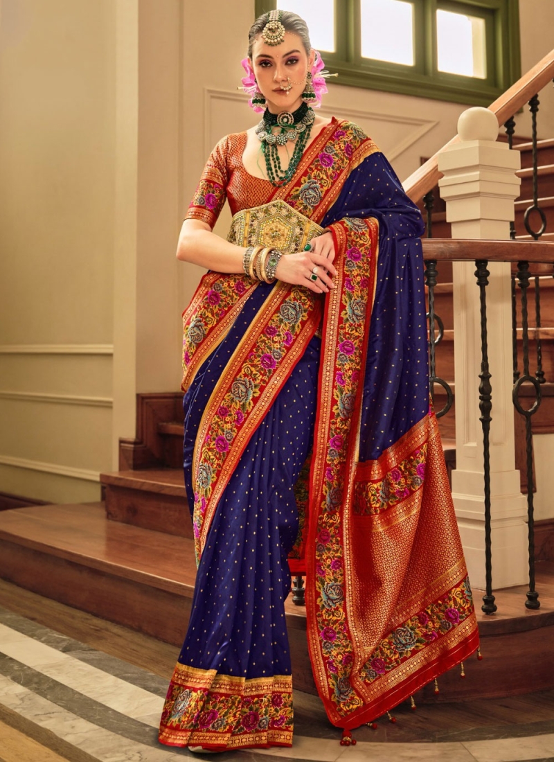 Desirable Navy Blue Border Classic Saree