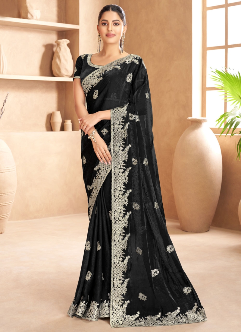 Dignified Stone Black Satin Contemporary Saree