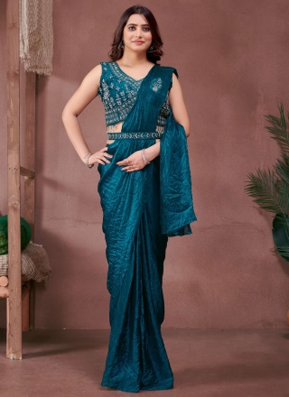 Dignified Teal Satin Trendy Saree