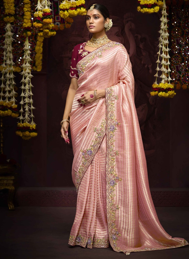 Dilettante Embroidered Kanjivaram Silk Rose Pink Contemporary Saree