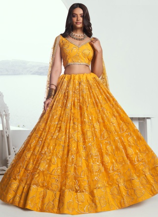 Distinctive Sequins Orange Net Trendy Lehenga Choli