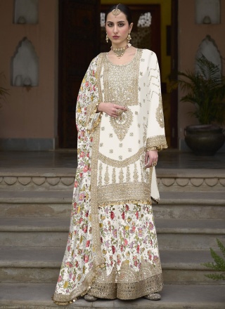 Distinctively Embroidered White Readymade Salwar Kameez 