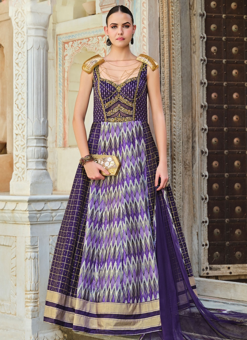 Distinctively Silk Embroidered Lavender Trendy Gown