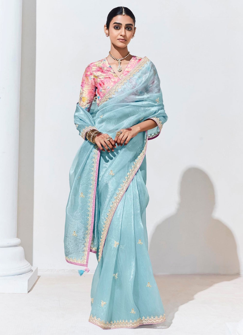 Distinguishable Aqua Blue Embroidered Organza Classic Saree