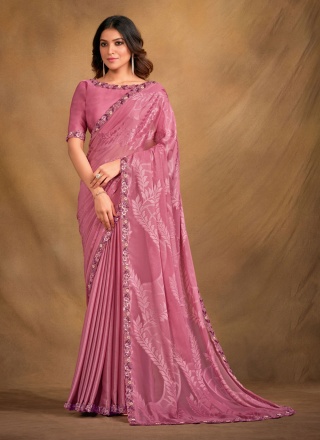 Distinguishable Jacquard Pink Thread Contemporary Saree