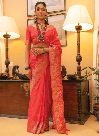 Divine Woven Pink Satin Contemporary Style Saree
