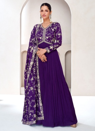 Elegant Purple Embroidered Silk Designer Gown