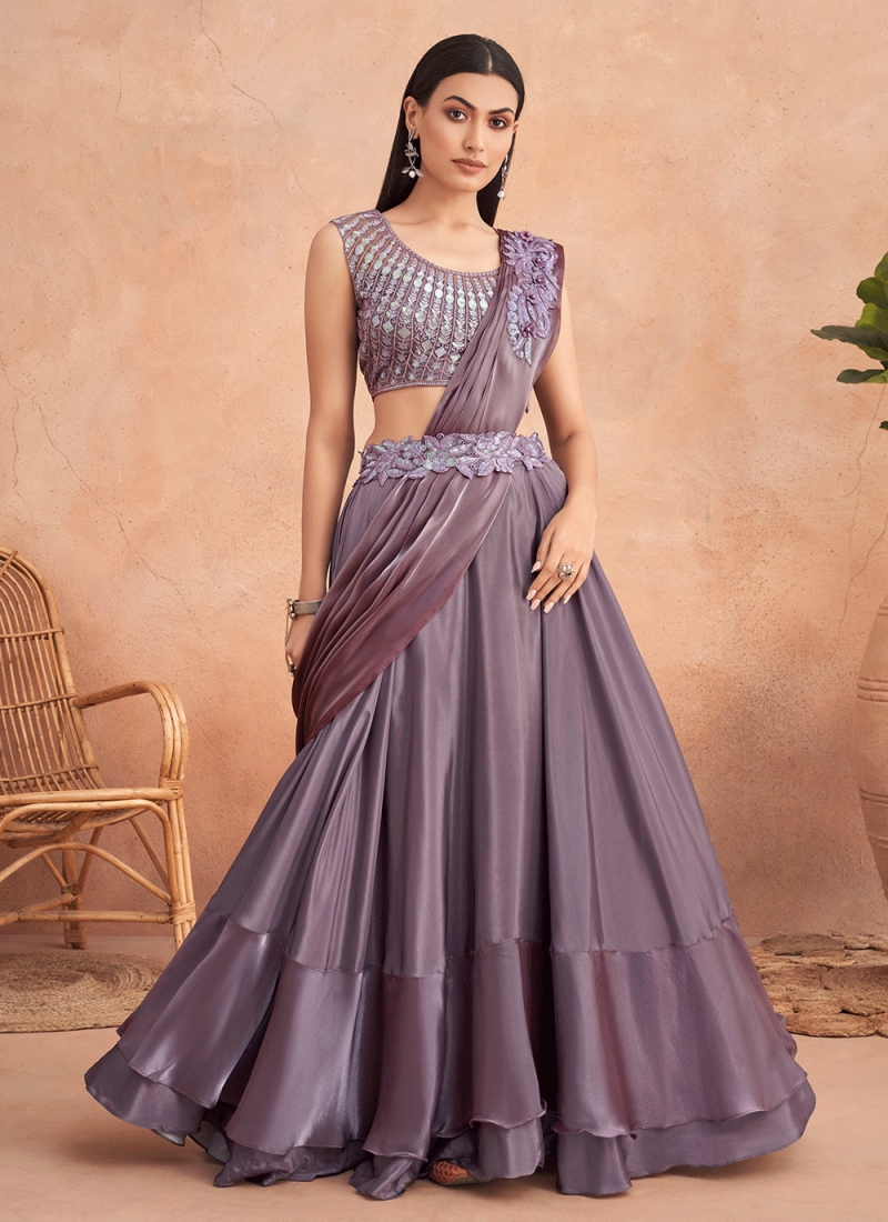 Net Plain Lehenga Style Saree in Purple