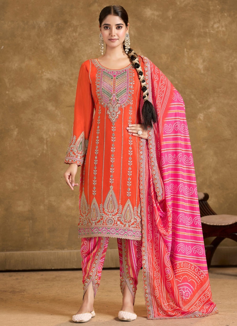 Embroidered Chinon Designer Salwar Kameez in Orange