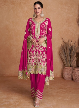 Embroidered Chinon Readymade Salwar Kameez in Rani