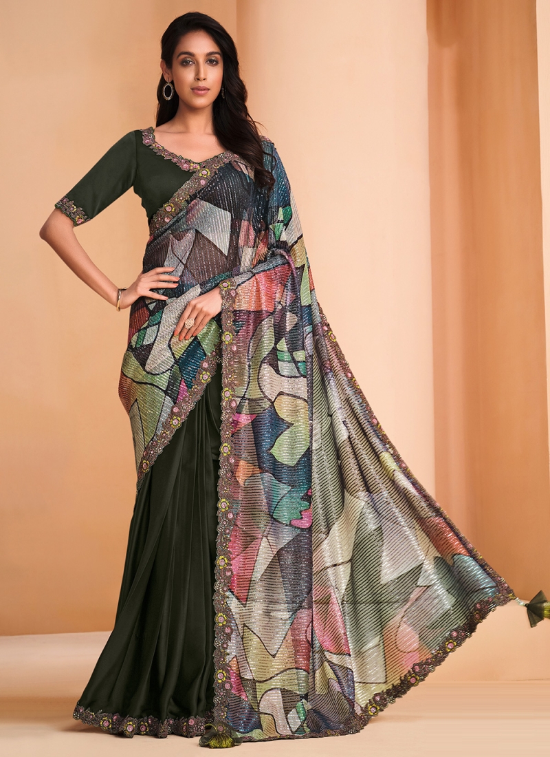 Embroidered Crepe Silk Contemporary Saree in Green