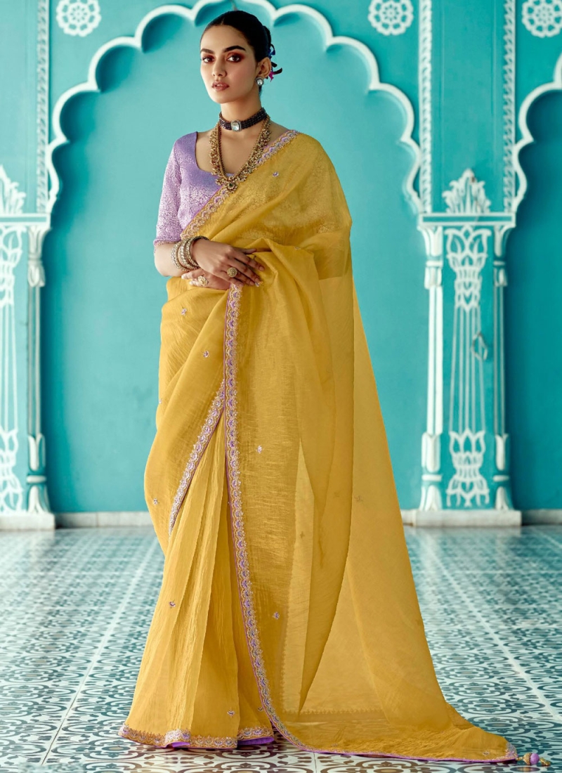 Embroidered Crush Designer Saree in Yellow