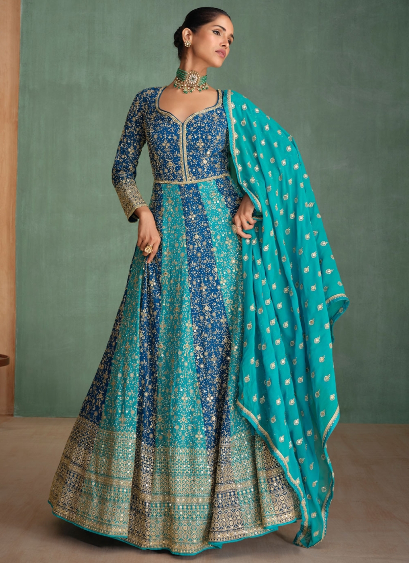 Embroidered Georgette Floor Length Gown in Navy Blue