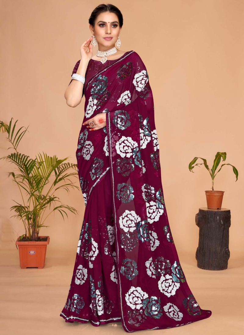 Embroidered Georgette Traditional Saree in Wine