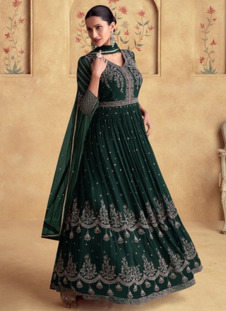 Embroidered Georgette Trendy Gown in Green