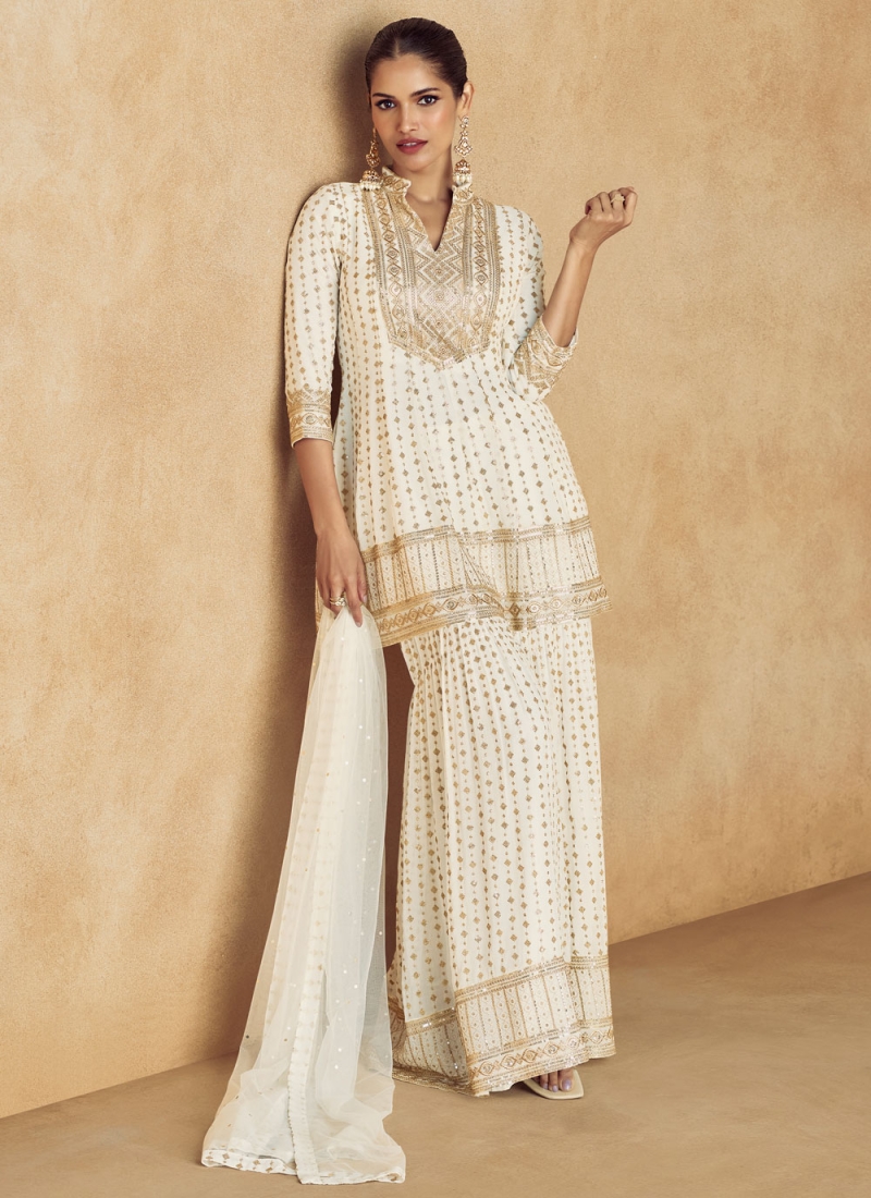 Embroidered Georgette Trendy Salwar Kameez in White