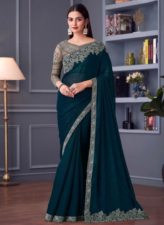 Embroidered Georgette Trendy Saree in Teal