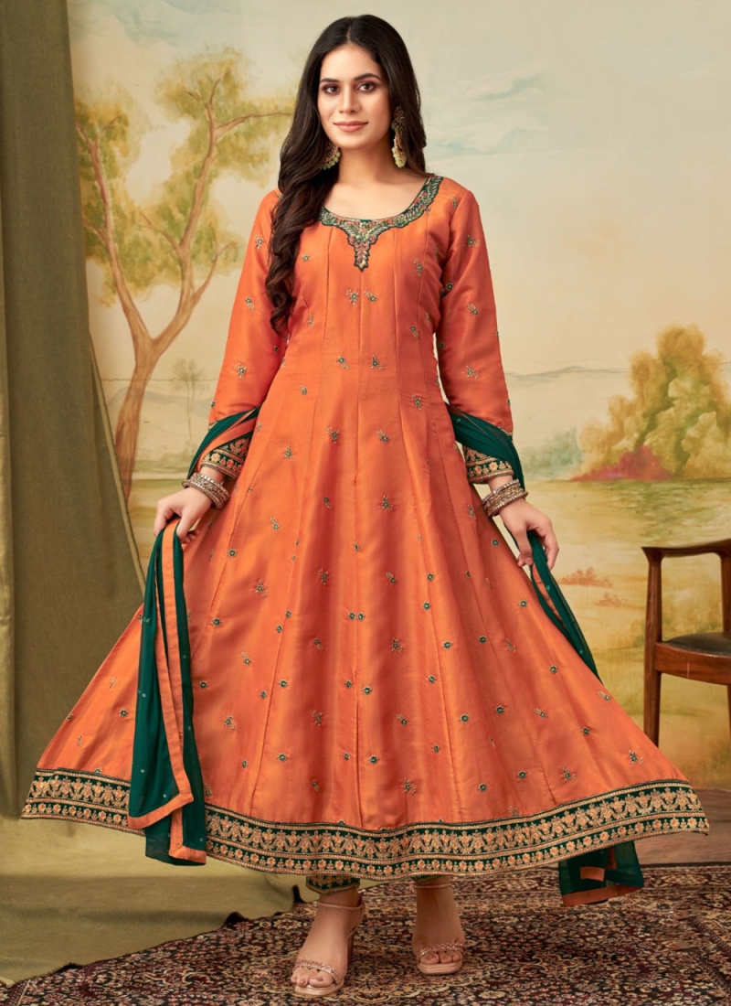 Embroidered Jacquard Readymade Anarkali Salwar Suit in Orange