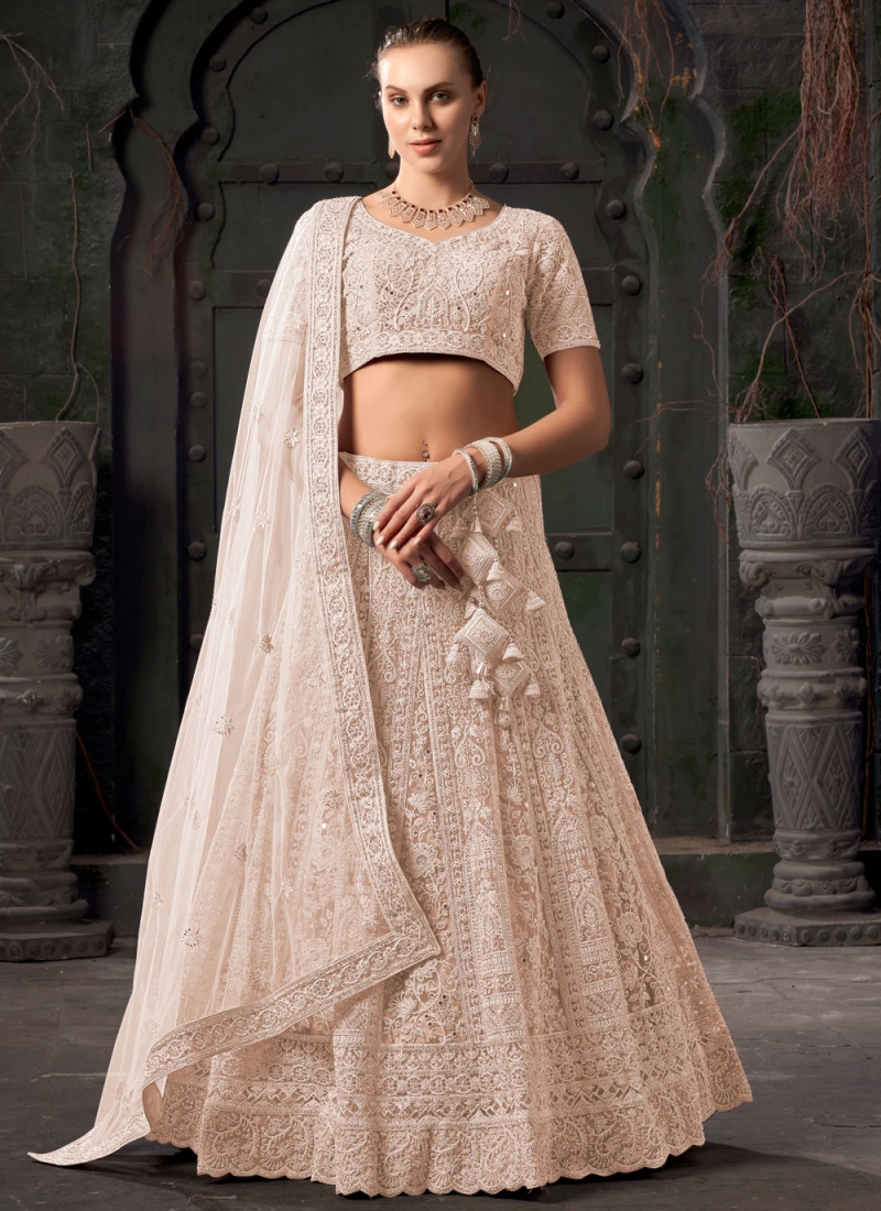 Embroidered Net Readymade Lehenga Choli in Cream