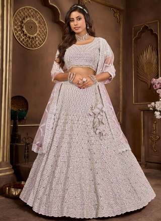 Embroidered Net Readymade Lehenga Choli in Off White