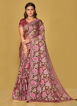 Embroidered Organza Saree in Rani