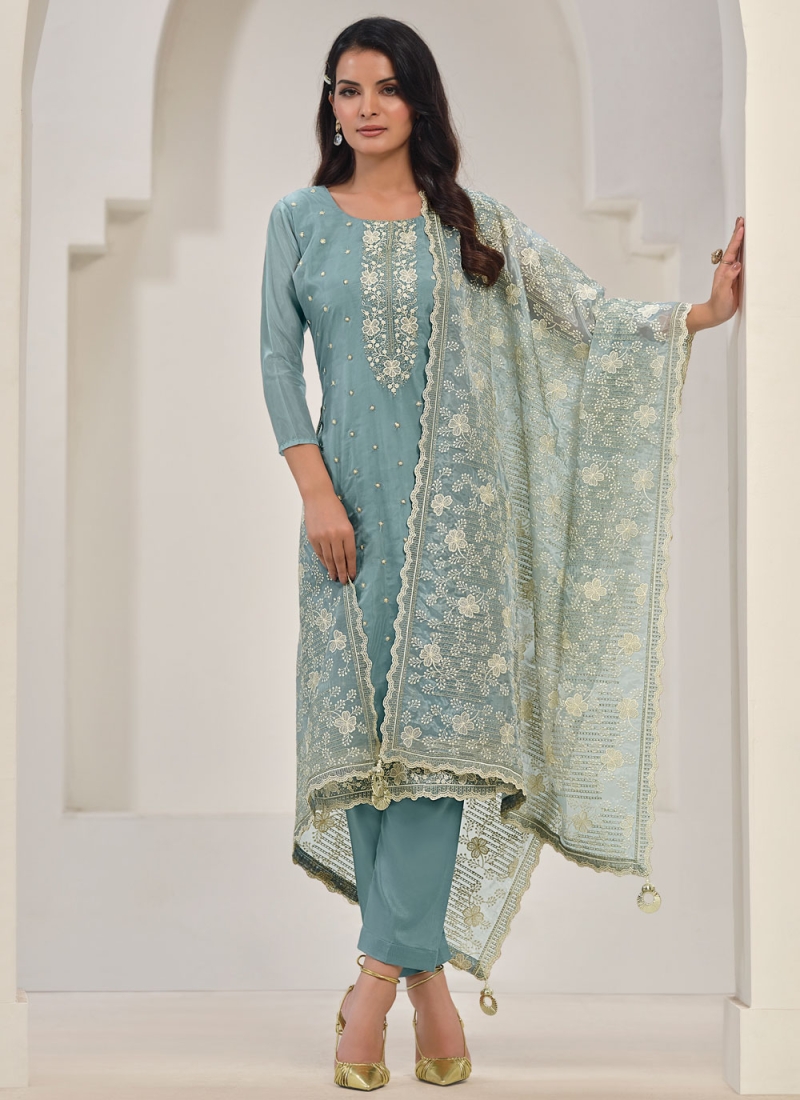 Embroidered Organza Trendy Salwar Kameez in Blue