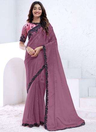 Embroidered Pure Silk Designer Saree in Mauve  and Wine