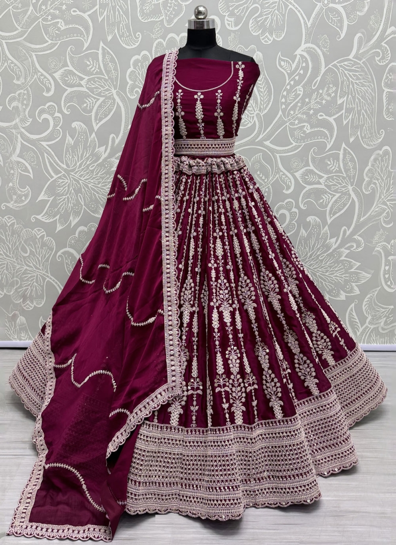 Embroidered Satin Trendy Lehenga Choli in Purple and Rani