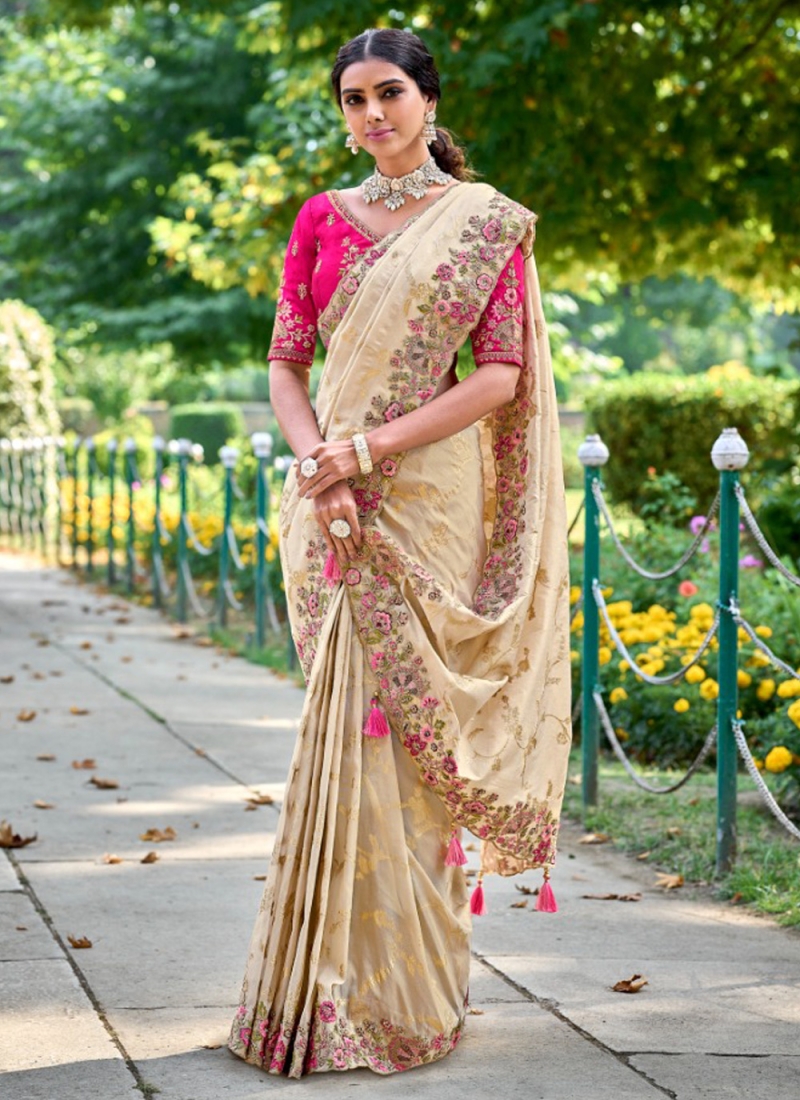 Manila Cream Kanjivaram Silk Saree With Floral Design | Singhania's