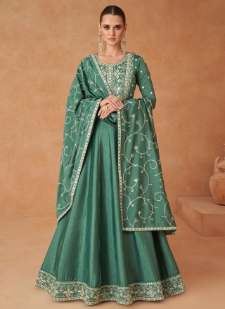 Embroidered Silk Gown  in Gree