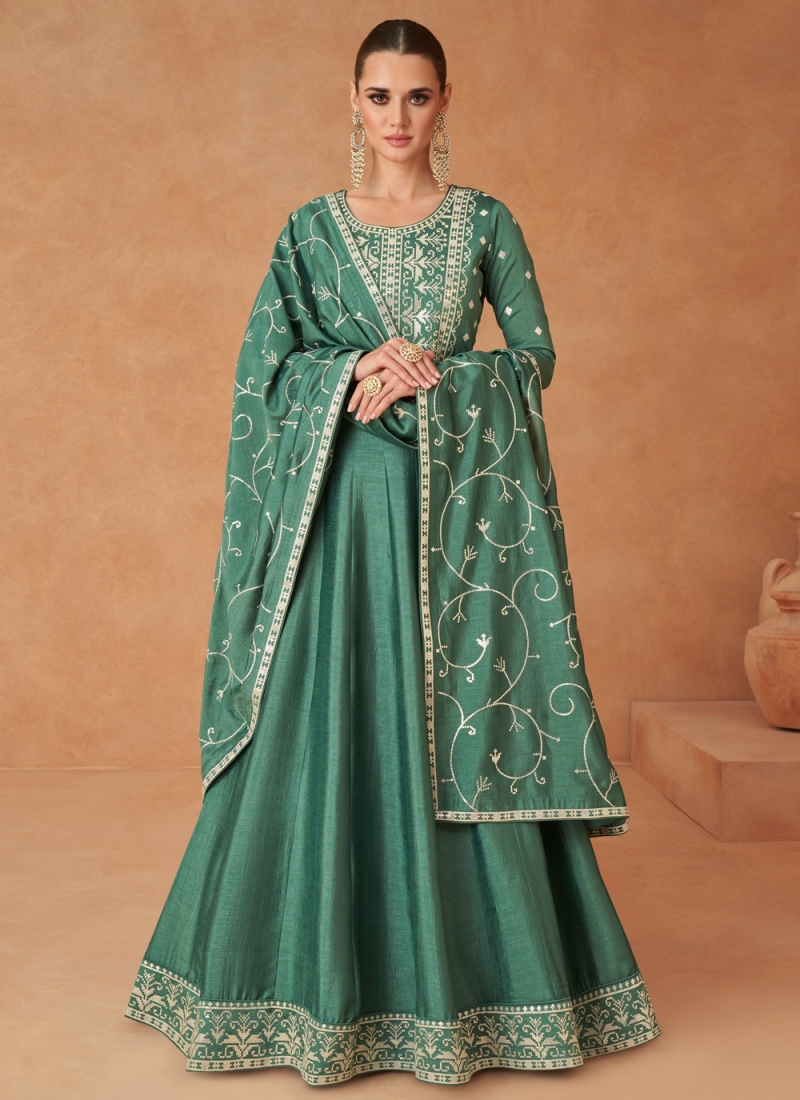 Embroidered Silk Gown  in Green