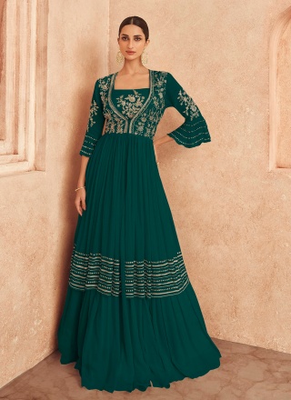 Embroidered Silk Readymade Gown in Green