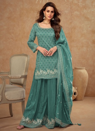 Embroidered Silk Readymade Salwar Kameez in Teal