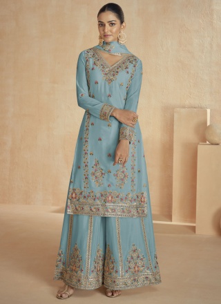 Embroidered Silk Trendy Salwar Kameez in Blue