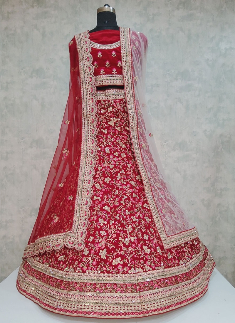 Embroidered Velvet Designer Lehenga Choli in Red