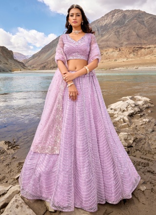 Enchanting Lavender Embroidered Net Lehenga Choli