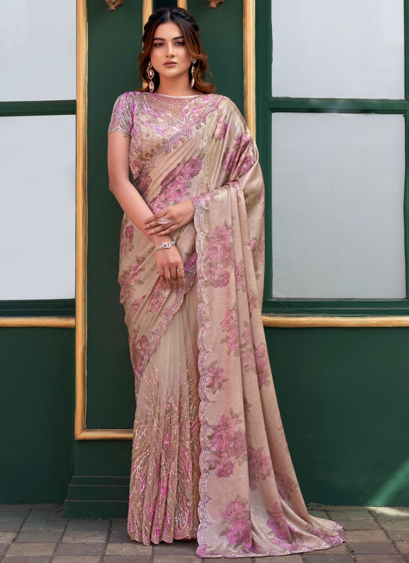 Engrossing Beads Velvet Brown Contemporary Saree