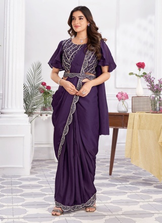 Engrossing Sequins Purple Satin Silk Traditional Saree