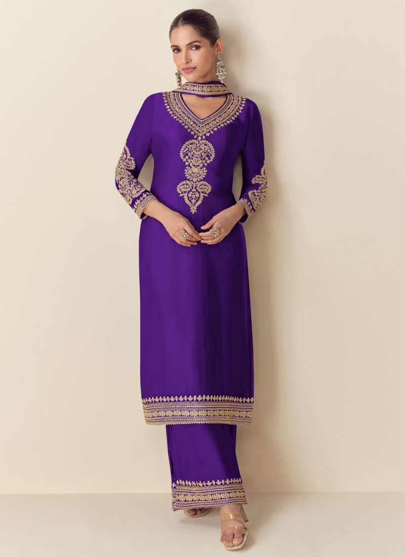 Engrossing Silk Violet Trendy Salwar Kameez